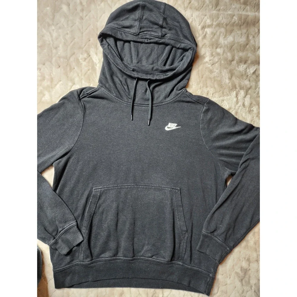 Nike Womens Black Funnel Cowl Neck Pullover Hoodie White Logo Medium